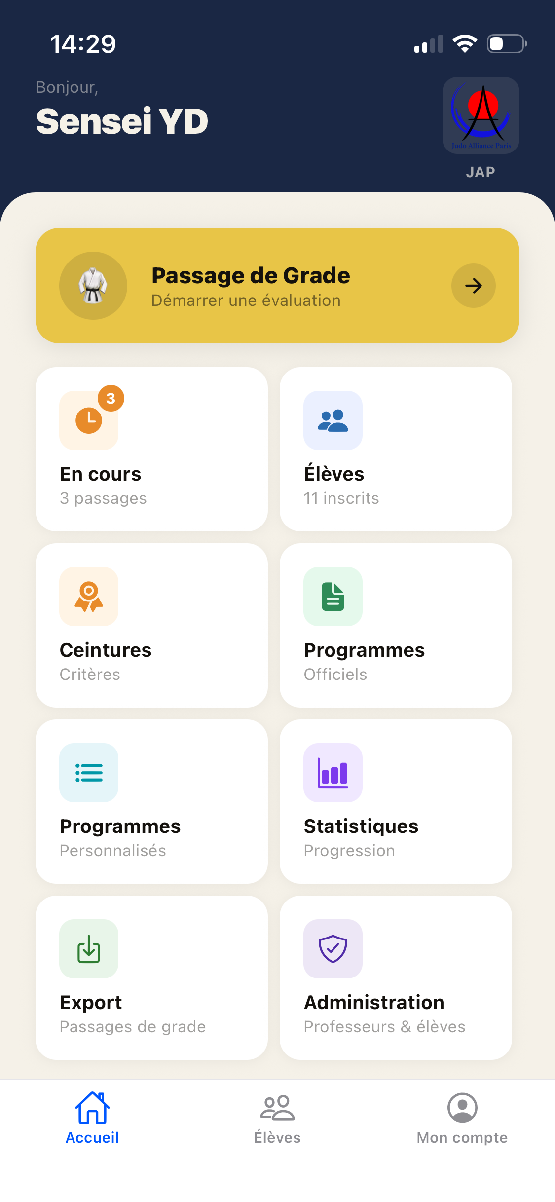 Tableau de bord Dojo Grade