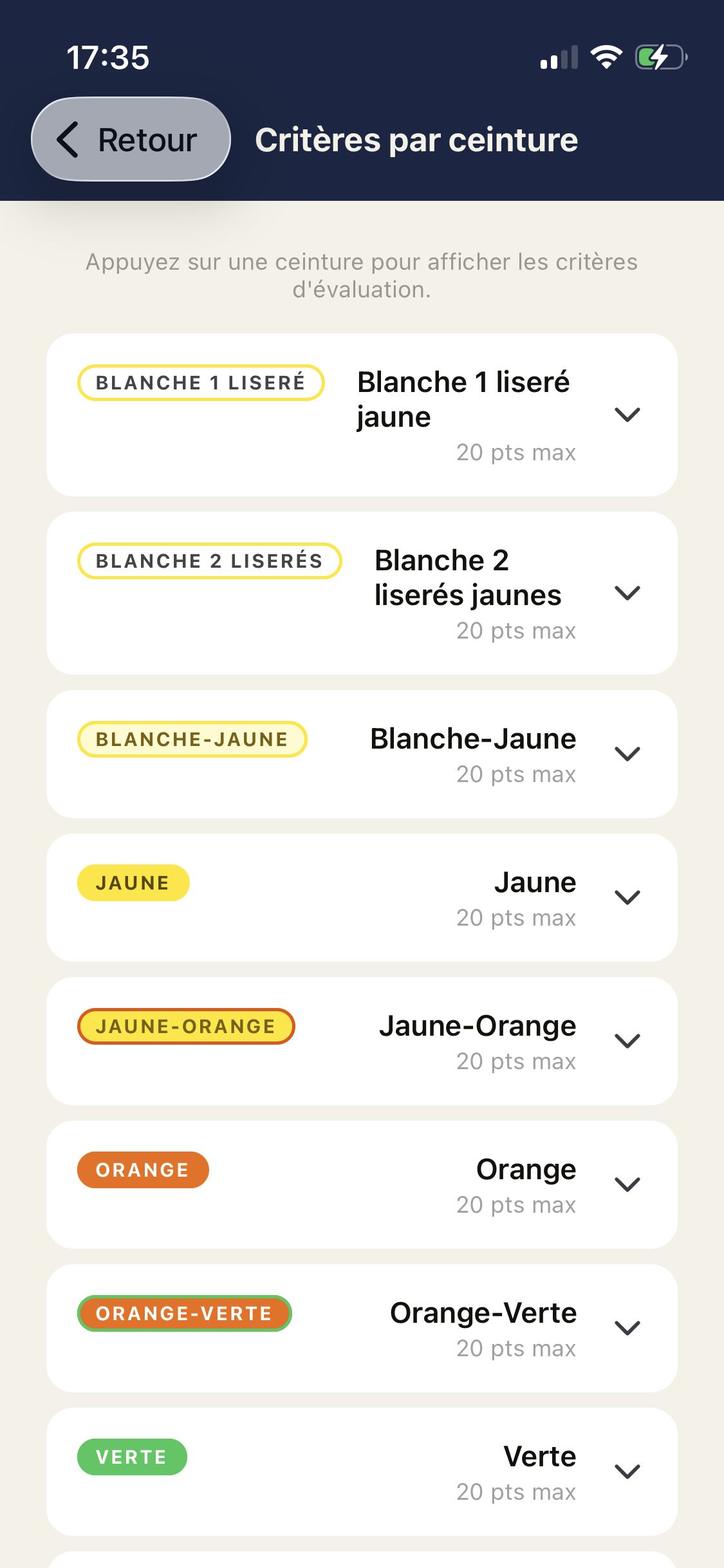 Critères par ceinture Dojo Grade
